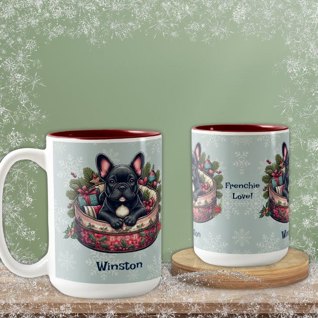 Black Frenchie, i Helgdag Bed, snöflingor Två-Tonad Mugg (Skapare uppladdad)