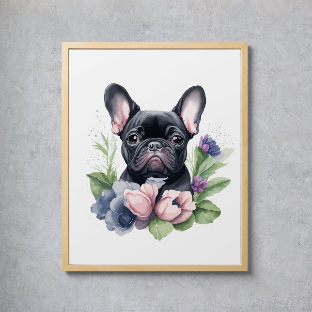 Black Frenchie Pug Blommigt Hund Watercolor Poster (Black Frenchie Pug Dog Floral Watercolor Poster
)