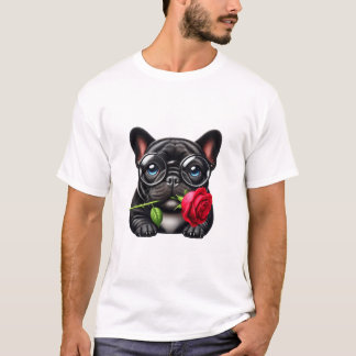 Black Frenchie röd ros T Shirt