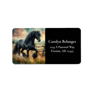 Black Fresian Horse Pasture Rustic Fence Adressetikett