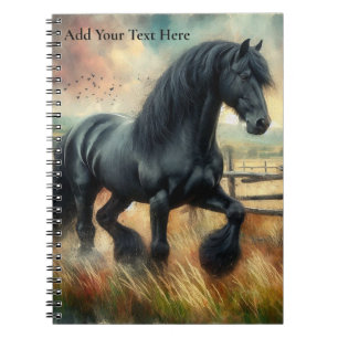 Black Fresian Horse Pasture Rustic Fence Anteckningsbok