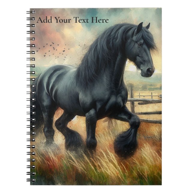 Black Fresian Horse Pasture Rustic Fence Anteckningsbok (Framsidan)