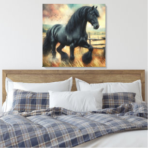 Black Fresian Horse Pasture Rustic Fence Canvastryck