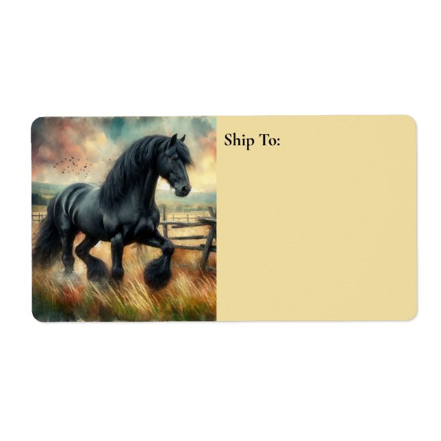 Black Fresian Horse Pasture Rustic Fence Fraktsedel (Framsidan)