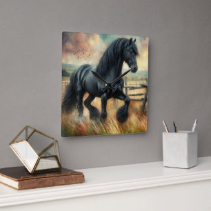 Black Fresian Horse Pasture Rustic Fence Fyrkantig Klocka
