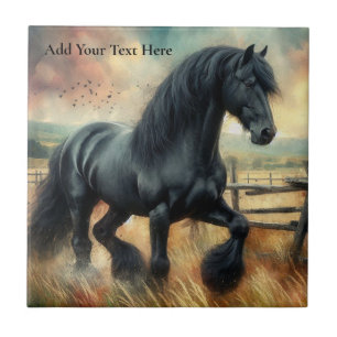 Black Fresian Horse Pasture Rustic Fence Kakelplatta