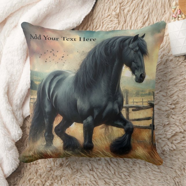 Black Fresian Horse Pasture Rustic Fence Kudde (Filt)