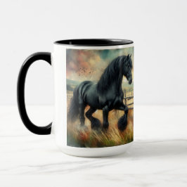 Black Fresian Horse Pasture Rustic Fence Mugg