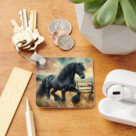 Black Fresian Horse Pasture Rustic Fence Nyckelring