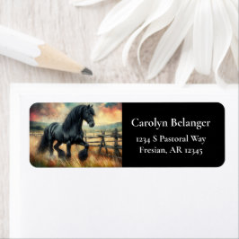 Black Fresian Horse Pasture Rustic Fence Returadress Etikett