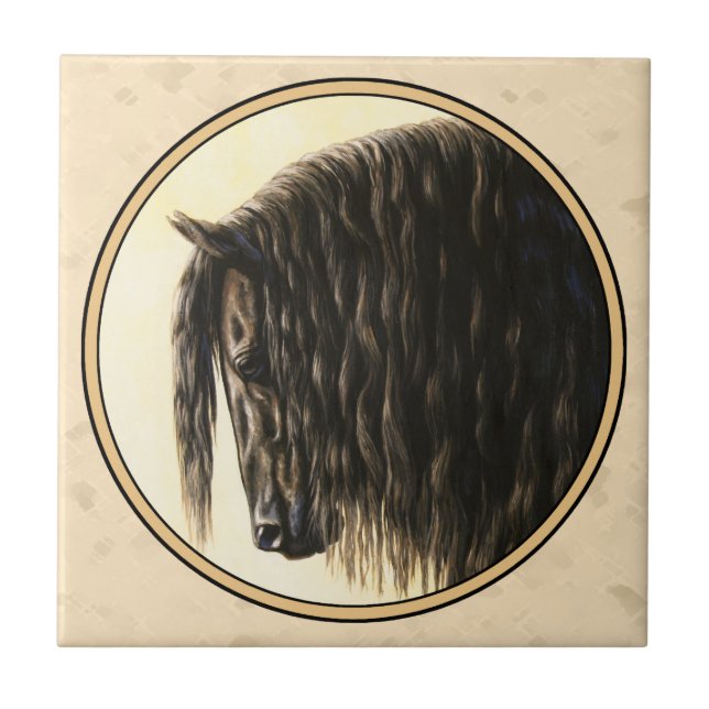 Black Friesian Horse Beige Kakelplatta (Framsidan)