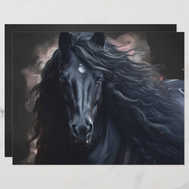 Black Friesian Horse Scrapbook Paper (Fram/baksida)
