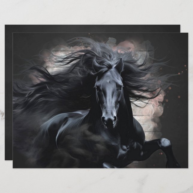Black Friesian Horse Scrapbook Paper (Fram/baksida)
