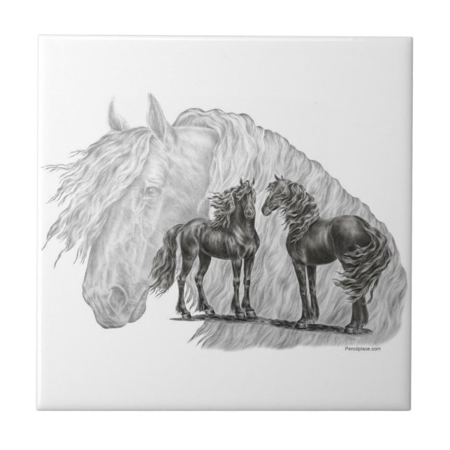 Black Friesian Horses Manes Svan Kakelplatta (Framsidan)