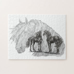 Black Friesian Horses Manes Svan Pussel
