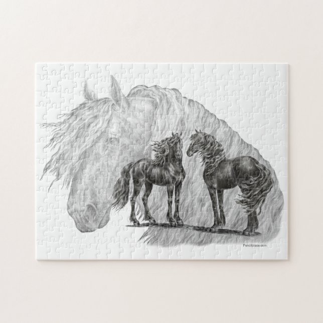 Black Friesian Horses Manes Svan Pussel (Horisontell)