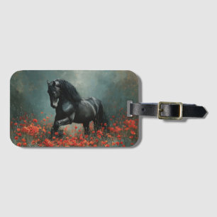Black Friesian Stallion Red Poppies Bagagebricka