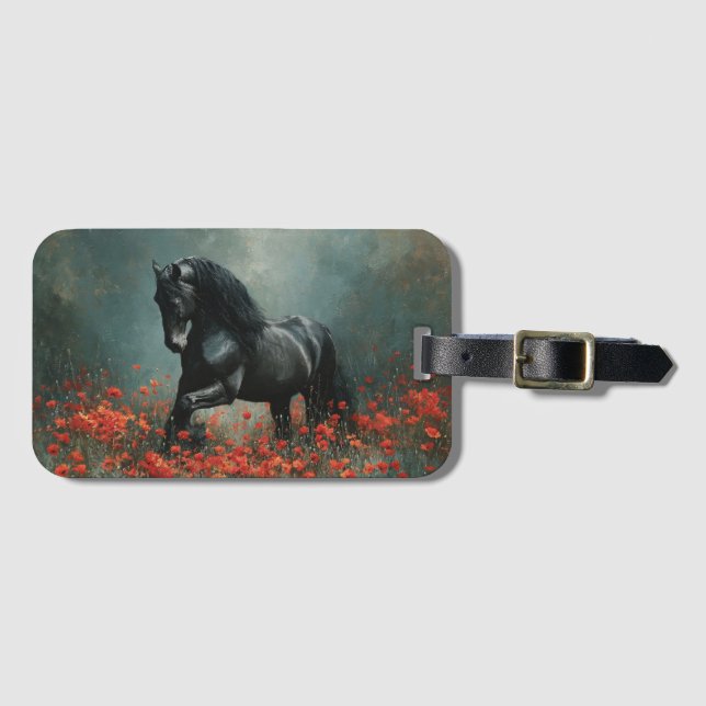 Black Friesian Stallion Red Poppies Bagagebricka (Framsida horisontal)