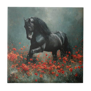 Black Friesian Stallion Red Poppies Kakelplatta