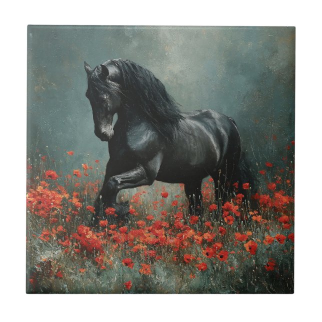 Black Friesian Stallion Red Poppies Kakelplatta (Framsidan)