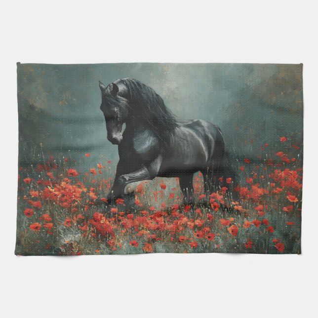 Black Friesian Stallion Red Poppies Kökshandduk (Horisontell)