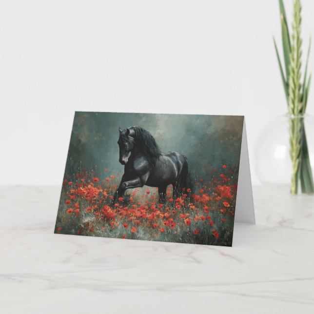 Black Friesian Stallion Red Poppies Kort (Framsida)