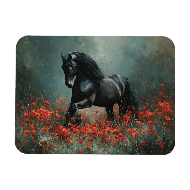 Black Friesian Stallion Red Poppies Magnet (Horisontell)