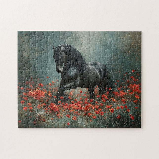 Black Friesian Stallion Red Poppies Pussel (Horisontell)