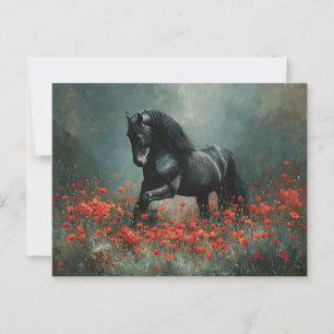 Black Friesian Stallion Red Poppies Vykort