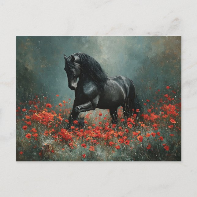 Black Friesian Stallion Red Poppies Vykort (Framsida)