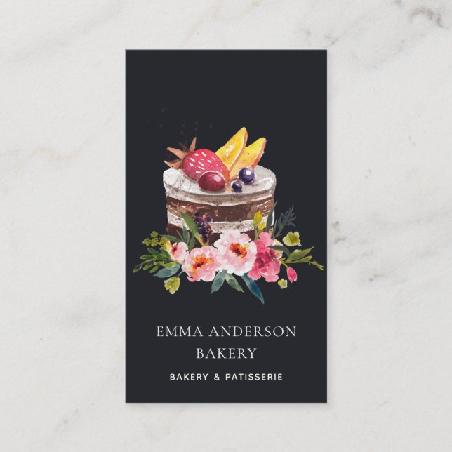 BLACK FRUIT BLOMMIGT CAKE PATISSERIE CUPCAKE BAKER VISITKORT (Framsida)