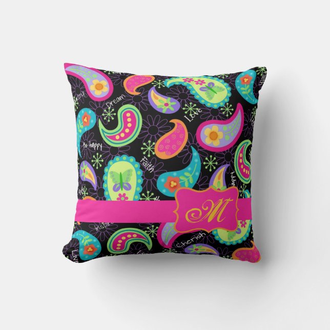 Black Fuchsia Rosa Modern Paisley Monogram Kudde (Framsida)