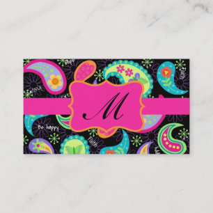 Black Fuchsia Rosa Modern Paisley Mönster Monogram Visitkort