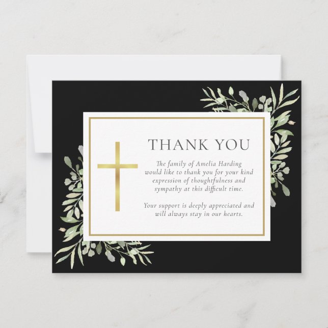 Black Funeral Watercolor Greenery Christian Photo Tack Kort (Framsida)