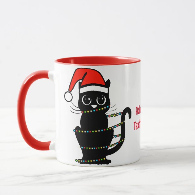 Black Funny Cat jul Light Santa Hat Red Mugg (Vänster)