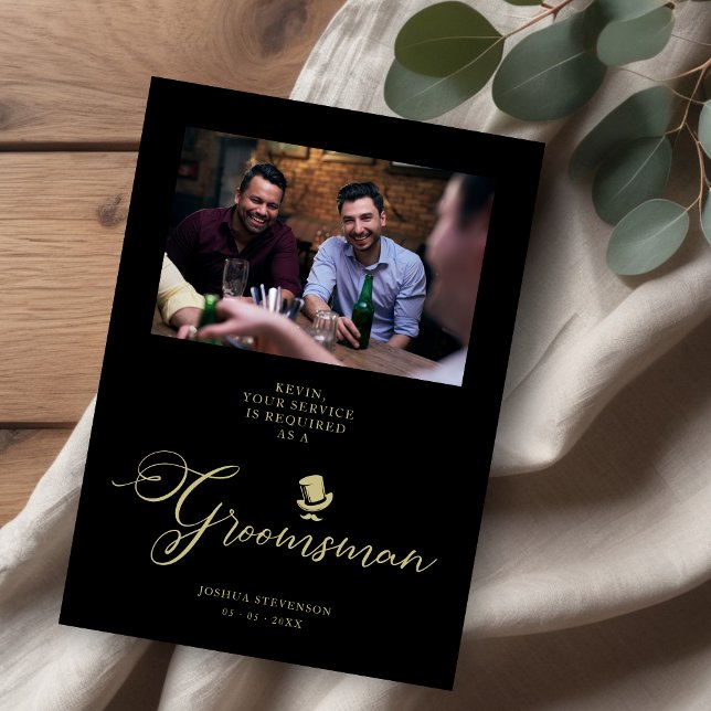 Black Funny Photo Frieri Bröllop Groomsman (Black Groomsman Funny Wedding Minimalist Photo Proposal Card.)