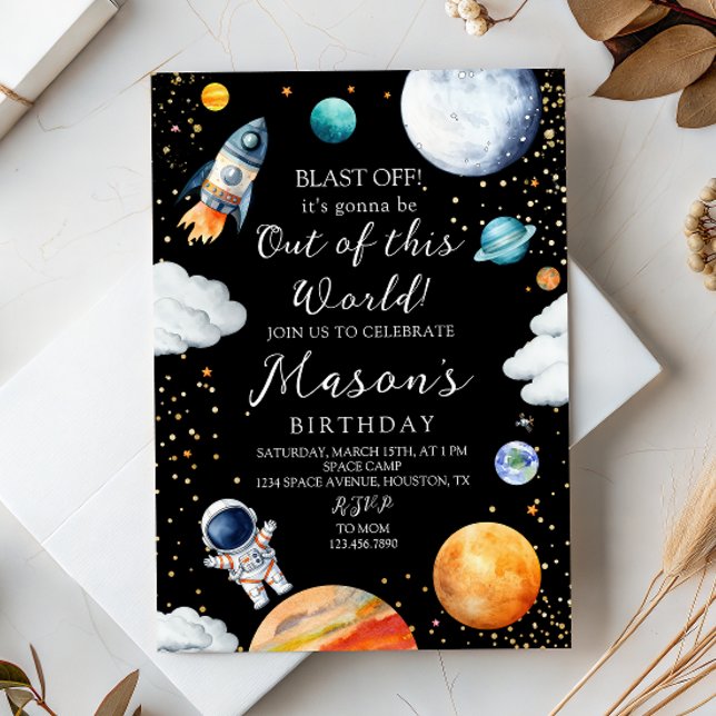 Black Galaxy Rocket & Astronaut Out of This World Inbjudningar (Skapare uppladdad)
