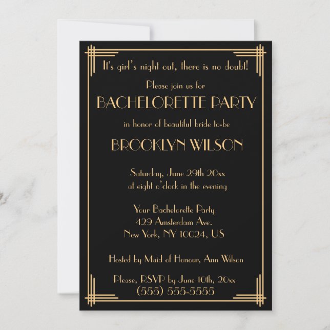 Black Gatsby Art Deco Bachelorette Party Inbjudnin Inbjudningar (Framsida)