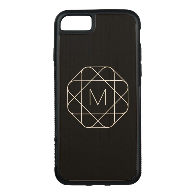 Black Geometric Monogram Carved Wood iPhone Skal (Baksida)