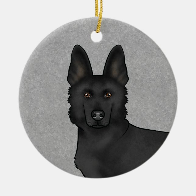 Black German Shepherd Cute Tecknad hund Head Grått Julgransprydnad Keramik (Framsidan)
