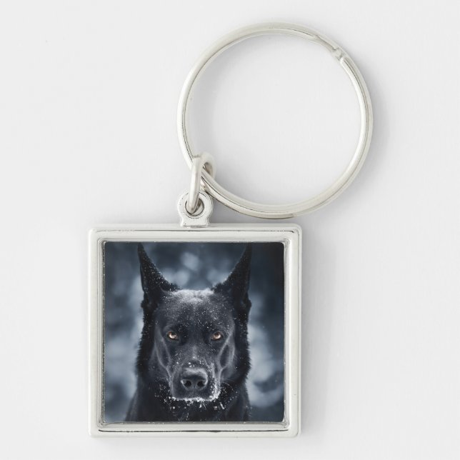Black German Shepherd Fyrkantig Silverfärgad Nyckelring (Framsidan)