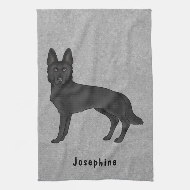 Black German Shepherd Hund and Custom Name Grått Kökshandduk (Vertikal)