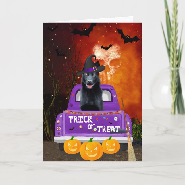 Black German Shepherd Hund i Halloween Lastbil Kort (Framsida)