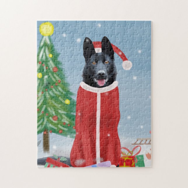 Black German Shepherd Hund i Snö julklappar Pussel (Vertikal)