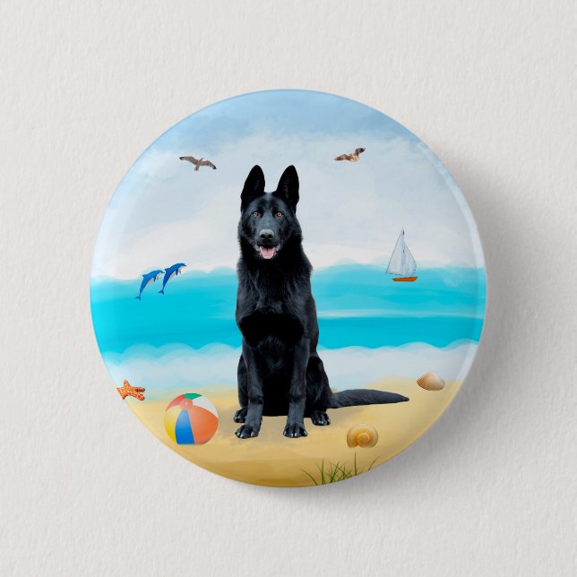 Black German Shepherd Hund på Beach Knapp (Framsida)