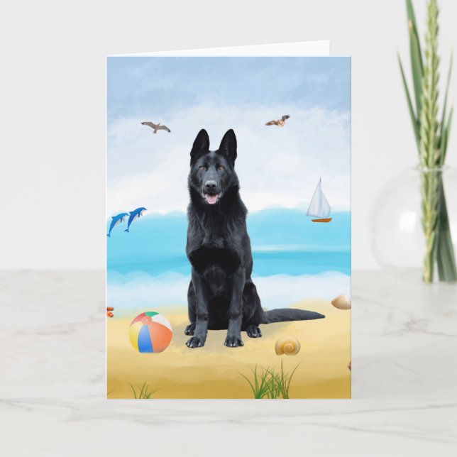Black German Shepherd Hund på Beach Kort (Framsida)