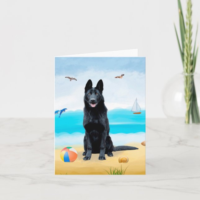 Black German Shepherd Hund på Beach Kort (Framsida)