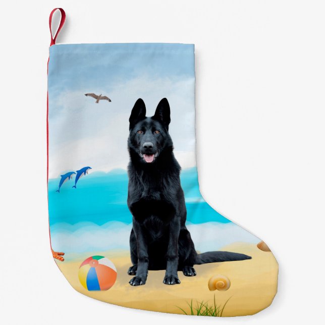 Black German Shepherd Hund på Beach Liten Julstrumpa (Framsidan)