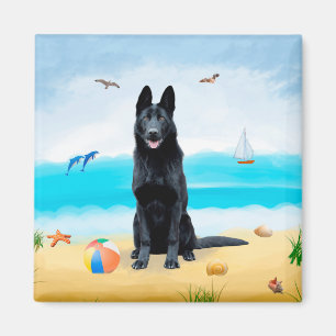 Black German Shepherd Hund på Beach Magnet