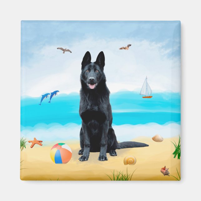 Black German Shepherd Hund på Beach Magnet (Framsidan)